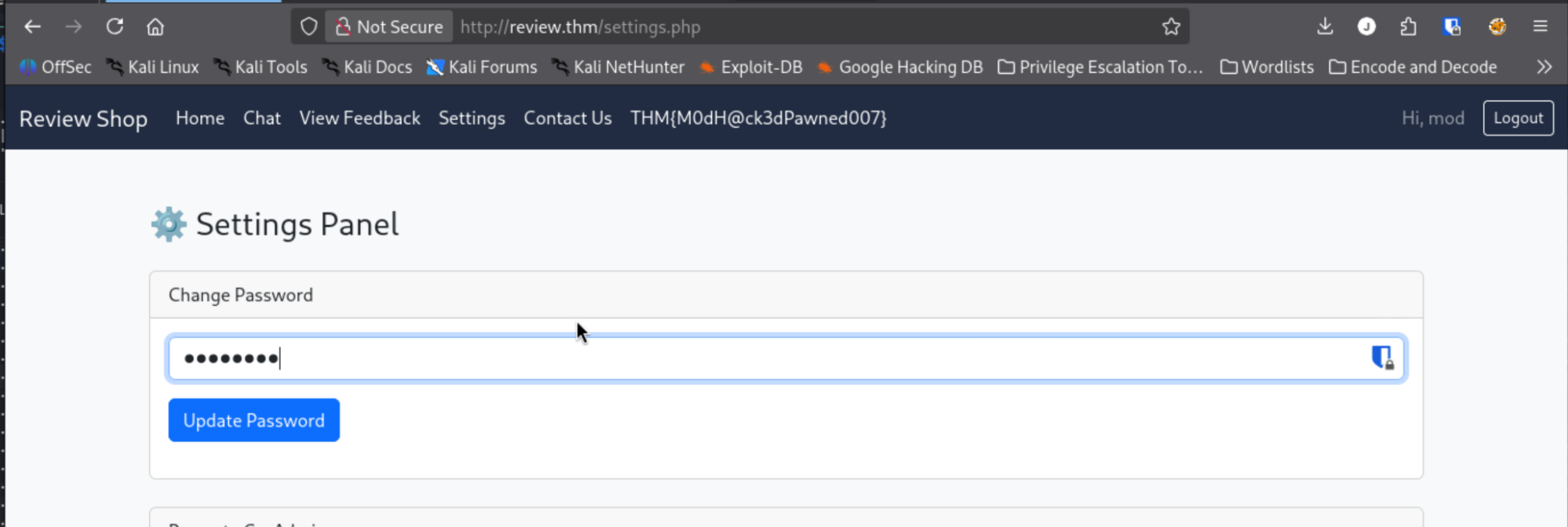 Settings.php showing password change form